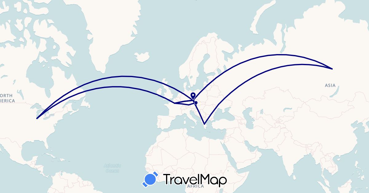 TravelMap itinerary: driving in Austria, Czech Republic, Germany, France, Greece, Russia, Ukraine, United States (Europe, North America)